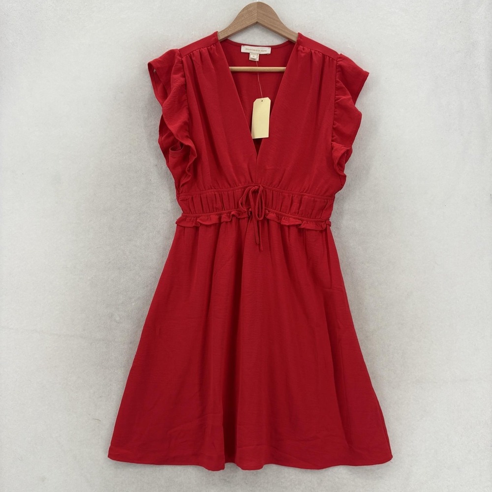 Monteau Dress Womens M Red Ruffle Sleeve V Neck Fit & Flare Sundress Preppy NWT